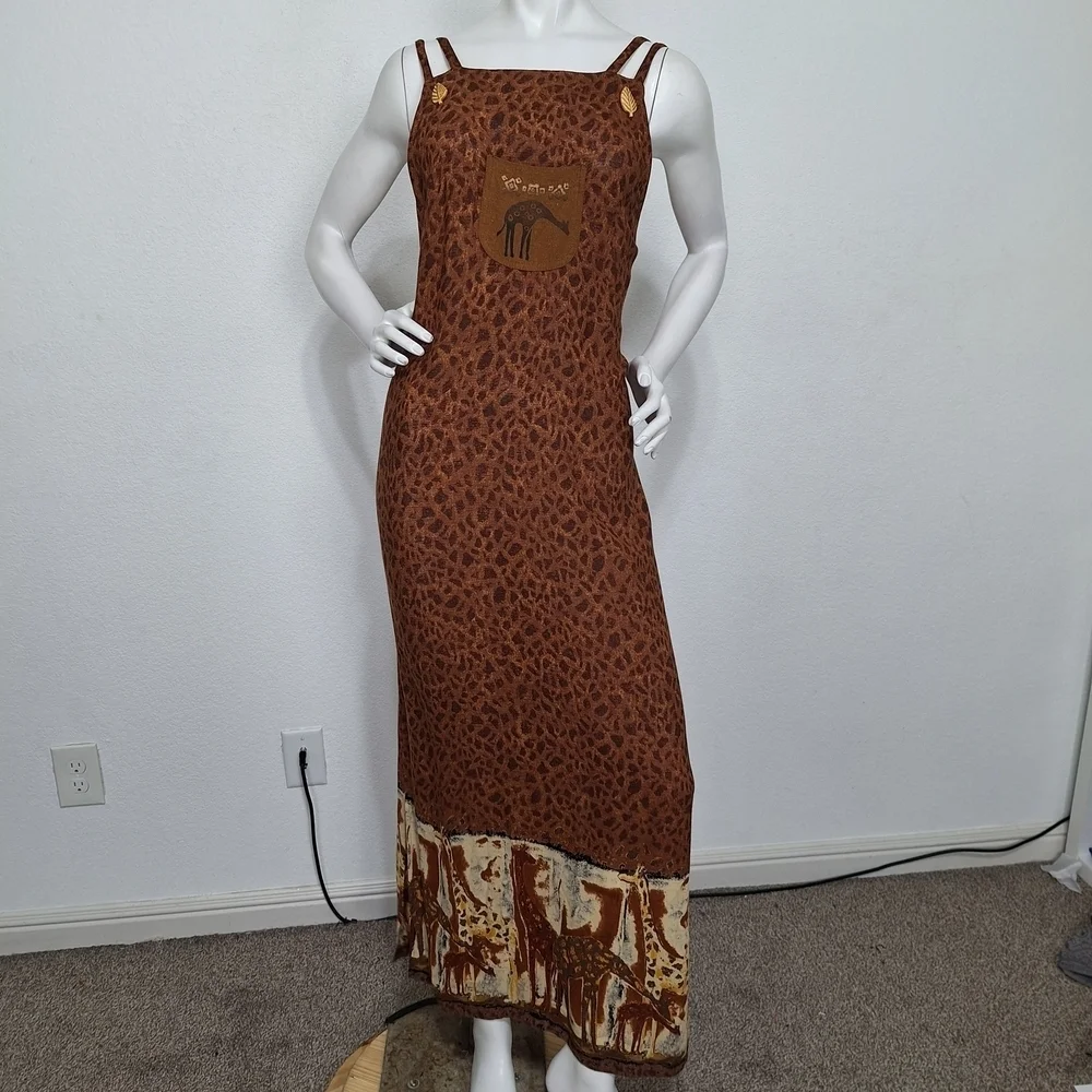 Brown Giraffe Animal Print Linen Boho Bohemian W/Pocket Sleeveless Maxi Dress - Picture 1 of 8